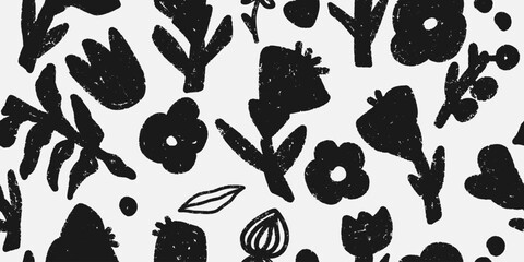 Trendy, modern floral pattern. Monochrome. Grunge, shabby elements texture. Vector seamless pattern. For print, design, wallpaper, fabric, paper, etc.
