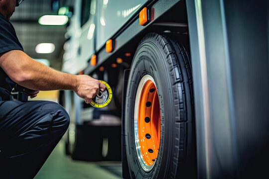 a man changing the tire on a semi - truck, which is being used by commercial vehicles for maintenance purposes. Generative Ai