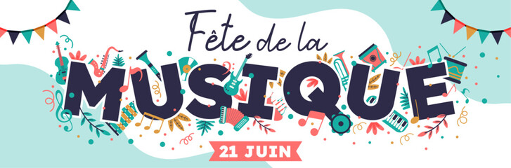 Fête de la musique - 21 juin - Bannière colorée et festive - Éléments et textes vectoriels éditables autour du thème de la musique © Manon