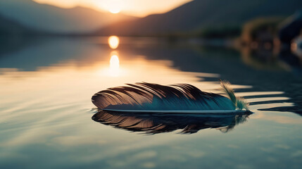 Beautiful old feather resting on a lake during sunset, with mountains on the back