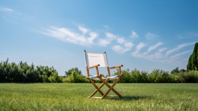 A canvas folding garden chair placed on the lawn, with a blue sky background. Generative AI.