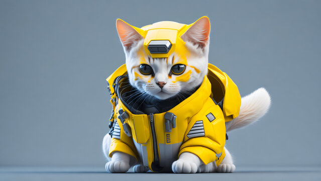 Mini Cyberpunk Soldier: Hyperrealistic Cute Cat and Dog in Futuristic Jackets. Generated AI.