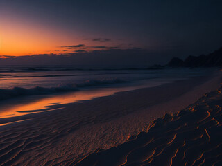 Beautiful sunset at the beach with golden sand and waves. AI generated.