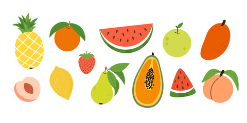 Set of different tropical fruits and berries. Collection of ripe vitamin organic vegetarian food. Colored flat vector illustration isolated on white background. 