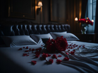 Red rose petals on the bed in the bedroom. The concept of love and relationships. AI generated.