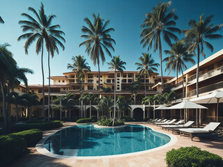 Swimming pool with palm trees and sun loungers at luxury resort. AI generated.