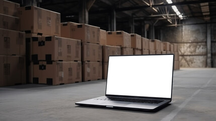 Laptop computer mock-up with cut out screen on background of warehouse. Copy space. Based on Generative AI