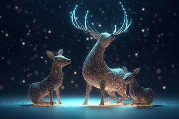 Obraz na płótnie Canvas A magic festive reindeer family covered in glowing lights, in a winter scene