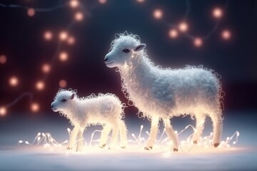 A magic festive lamb family covered in glowing lights, in a winter scene