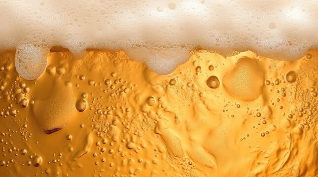 Background of light golden beer with bubbles and foam