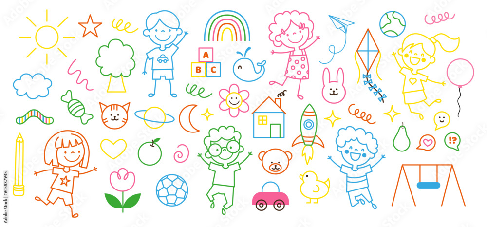 Wall mural Colorful big of set Children cartoon icon doodle style. Collection outline of Boys, Girls, Toys, Animals. Childish coloring Kindergarten. Vector simple elements isolated on white background