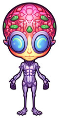 Alien with big brain head cartoon sticker. Colonizer of the earth