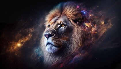 a lion head with a galaxy background