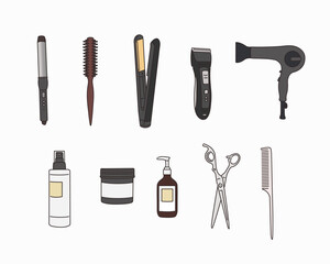 various hairdressing tools like hair dryer, comb. Hand drawn style vector design illustrations.