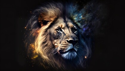 a lion head with a galaxy background