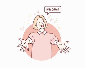 You are welcome! Cheerful woman gesturing welcome sign and smiling while standing against pink wall. Hand drawn style vector design illustrations.