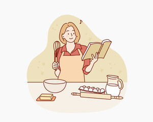 Happy young woman baking pie in loft kitchen at home, using book with recipe. Hand drawn style vector design illustrations.