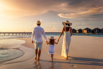A elegant family on summer holidays walks down holding hands a beach during sunset time