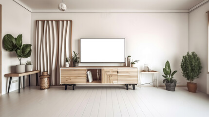 White Room Interior Transformed by the Warmth of Wooden Design Cabinet. Generative AI
