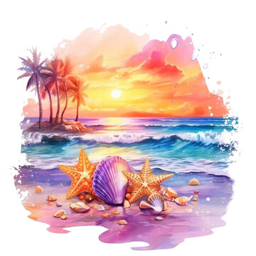 Colourful Watercolor Beach Sunset sublimation with Sea Shell for t shirt design. Generative AI