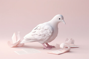 Carrier pigeon with letter on pink background. Generative AI illustration