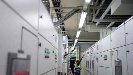 Professional electrical engineer in safety uniform working at factory server electric control panel room. Industrial technician worker maintenance checking power system at manufacturing plant room. - Powered by Adobe