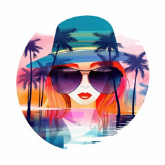 Fototapeta na wymiar Girl in a hat with glasses with sea reflection, bright colors, palm trees, sunset, generative ai