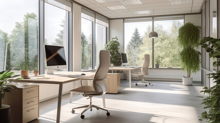 Fototapeta premium A modern and bright office scene features a well - lit, spacious workspace with a minimalist design and an emphasis on functionality and productivity. Generative AI