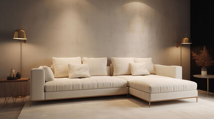 A lightly textured beige wall, paired harmoniously with indoor lighting and a white American. Generative AI