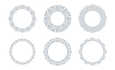 Set of decorative frames Elegant vector element for design in Eastern style, place for text. Floral gray and white borders. Lace illustration for invitations and greeting cards