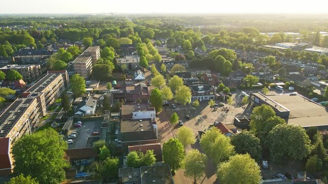 Aerial of a busy main street in small town in summer