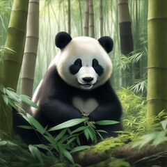 Obraz premium Giant panda bear eating bamboo in bamboo forest, drawing, AI