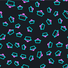 Line Cooking pot icon isolated seamless pattern on black background. Boil or stew food symbol. Vector