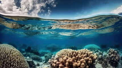 Fototapeta na wymiar An underwater view of a coral reef with a cloud in sky and a blue sky in the background, with a small amount of water bubbles in the foreground. Generative AI