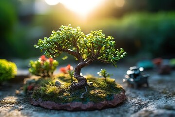 Captivating image of a bonsai tree bathed in soft sunlight, casting a gentle glow on its miniature branches and leaves.