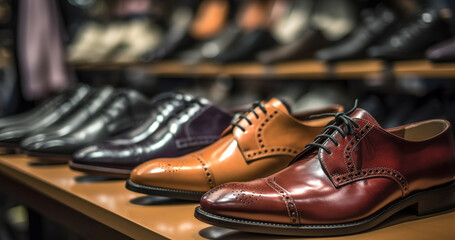 Leather fashion shoes on sale in mall boutique. Generative AI