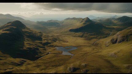 Behold the captivating aerial view of the Scottish Highlands, where vast expanses of heather-covered moors. Generated by AI.