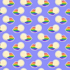 LGBTQ seamless pattern of lips and bubble gum on violet background in flat vector style. LGBT pride community month