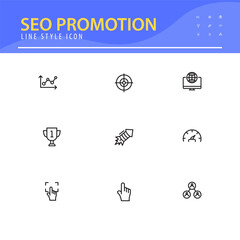 SEO and promotion line icons collection.  Thin outline icons pack