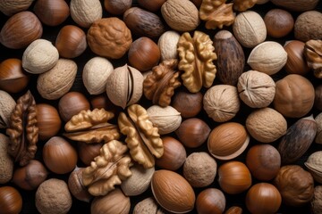Background illustration of various natural fresh nuts. Generative AI - obrazy, fototapety, plakaty