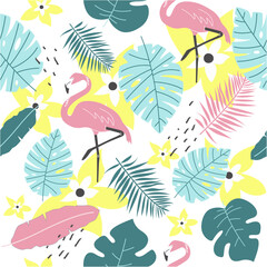 
Summer seamless pattern of flamingo and tropical leaves 
