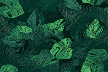 Exquisite Repetitive Seamless Patterns of Vibrant Tropical Green Leaves, Create a Breathtaking Display of Lush Foliage, Created by Generative AI