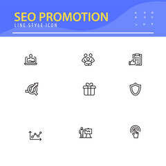 SEO and promotion line icons collection.  Thin outline icons pack