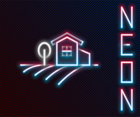 Glowing neon line Village landscape icon isolated on black background. Colorful outline concept. Vector