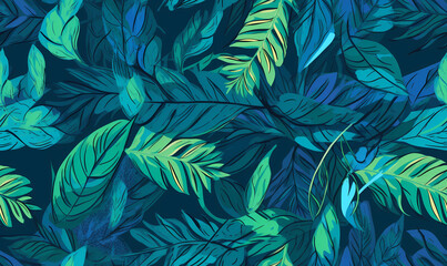 High-Quality Drawing of a Repetitive Seamless Pattern with Tropical Green, Blue, Aquamarine, and Turquoise Leaves , Created by Generative AI 