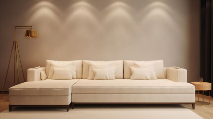 A lightly textured beige wall, paired harmoniously with indoor lighting and a white American - style sofa, creates a warm and modern atmosphere. Generative AI