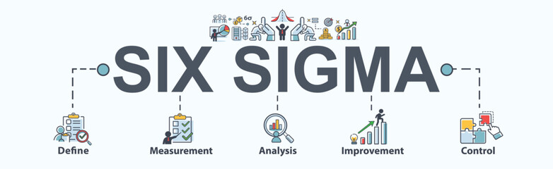 Lean six sigma banner web icon for business and process improvement, define, measure, analyze, improve, and control. Minimal cartoon vector infographic.