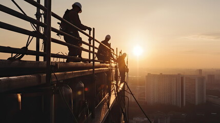 workers working at heights on buildings - obrazy, fototapety, plakaty