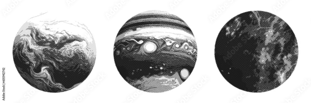 Poster set of hand drawn halftone planets. space vector design elements.