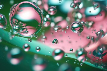 Naklejka premium Beautiful background of abstract water bubbles with green and blue backgrounds, in the style of light pink. Generative AI